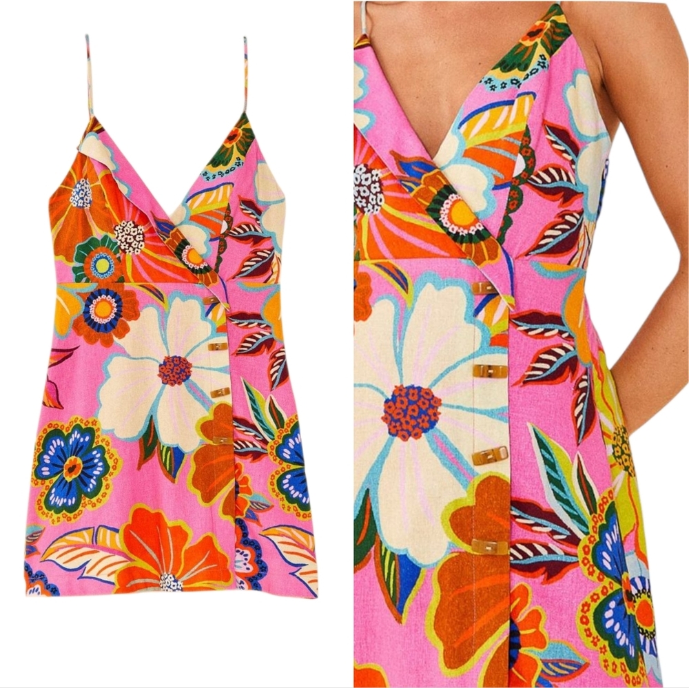 Farm Rio Garden Mini Dress Faux Wrap Pink Linen Blend Bright Neon Colorf… - Picture 17 of 17